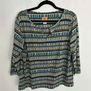 Rudy Rd Medium Women's Tunic Top 3/4 Sleeve Yellow Blue Black Cut Out Neckline